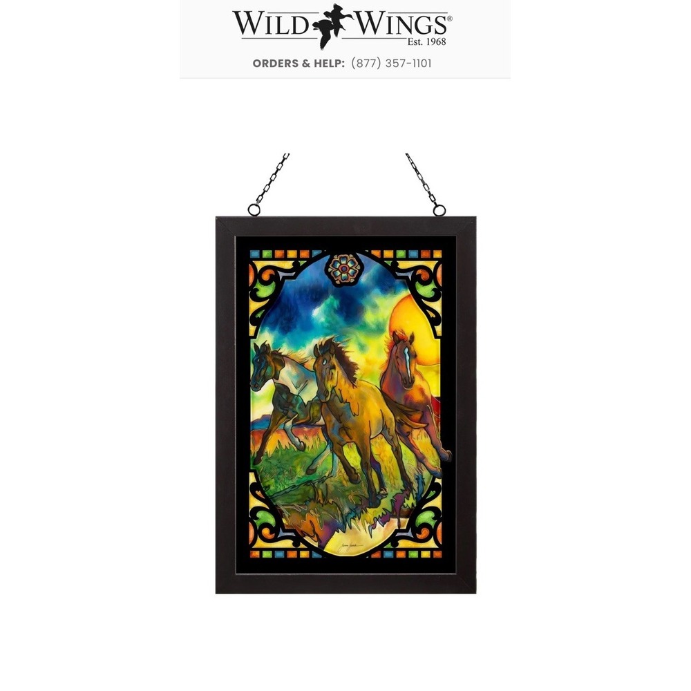 Wild Wings Freedom Horses Stained Glass Framed Window Art Janene Grende NIB